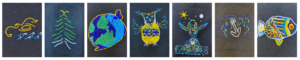 Collage of beaded artwork that has imagery of trees, fish, the globe, owl, human figures, anchor, bird and water in colours of yellow, blue, green and purple.