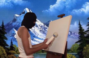 A person wearing a black ski mask and white tank top standing in front of an easel. There is a photoshopped background of snowy mountains.