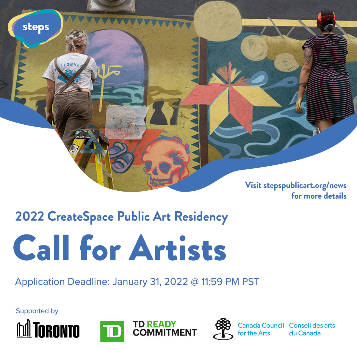 Square graphic with STEPS logo in the corner and image of a mural in process. Below is blue text that read "2022 CreateSpace Public Art Residency Call for Artists"