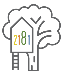 A logo of a treehouse outlined in grey lines. Inside the house is colourful letters that say 2181