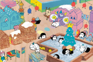 Colourful illustration by Hyein Lee, features a fun winter wonderland with easter eggs of STEPS projects from 2021 and cute penguins and winter monsters.