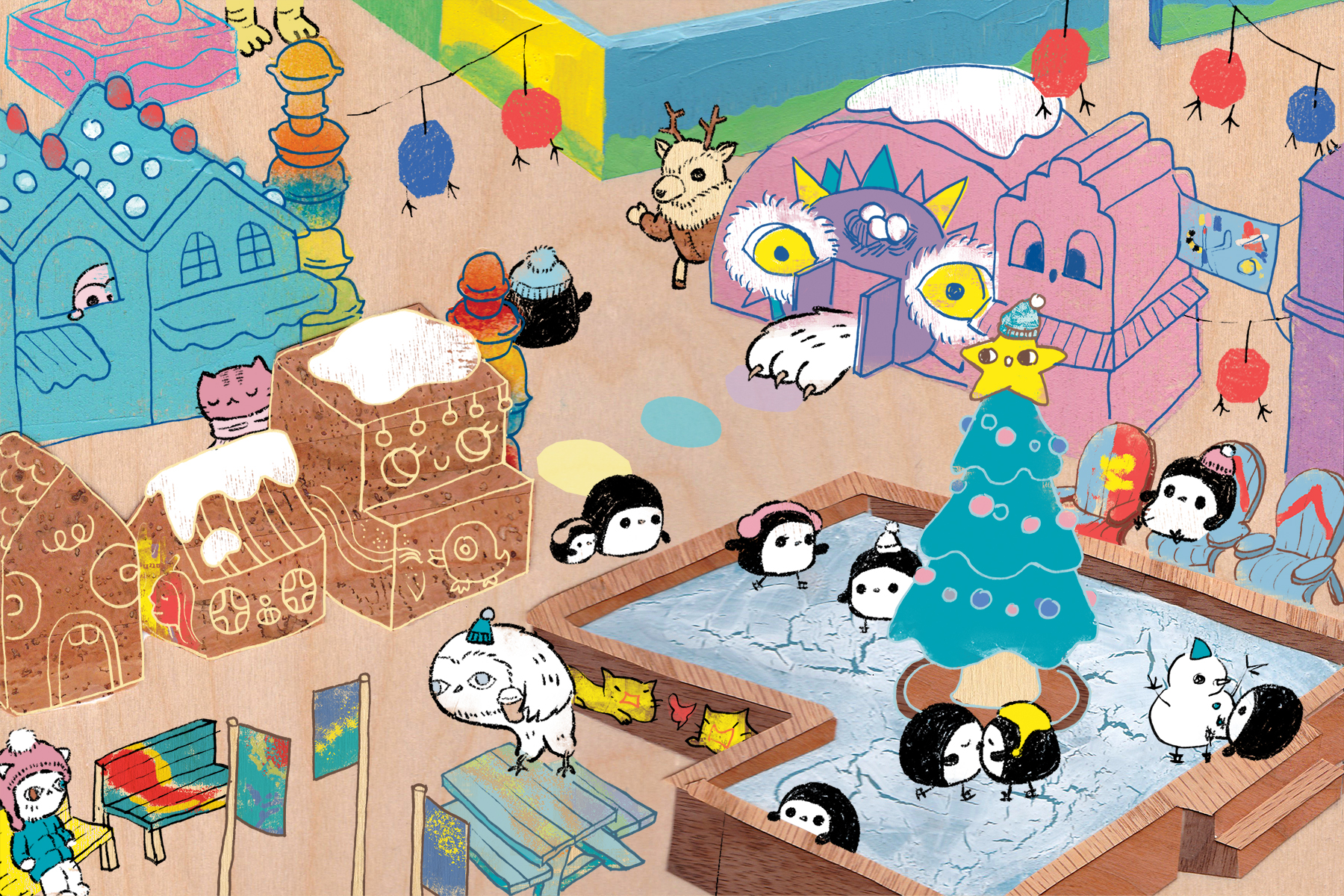 Colourful illustration by Hyein Lee, features a fun winter wonderland with easter eggs of STEPS projects from 2021 and cute penguins and winter monsters.