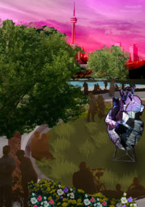 A digital collage by Miranda KG of an outdoor park with the Toronto skyline in the background. The park has trees, people hanging around, and a public art installation of an anatomical heart