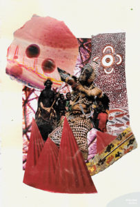 A collage of different images from prints and magazines with lots of textures, African figures, and digital imagery