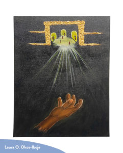 A painting in portrait orientation that depicts a hand outstretched towards a golden gateway with white light radiating out from it. These are set against a black background. In the bottom left corner is a light blue watermark with artist's name in white font.