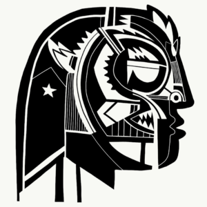 Black & White graphic artwork by Fatspatrol, features a profile view of a head with geometric designs within