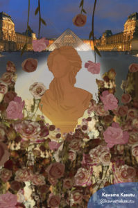 A digital artwork that mixes elements of photographs and illustration. In the background is an image of the Louvre Museum while in the foreground is a bust statue surrounded by rose bushes.