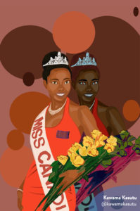 Digital artwork that features imagery of two women having won a beauty pageant, wearing gowns, tiaras, sashes and holding a bouquet of flowers. The background has geometric oval shapes in shades of brown.