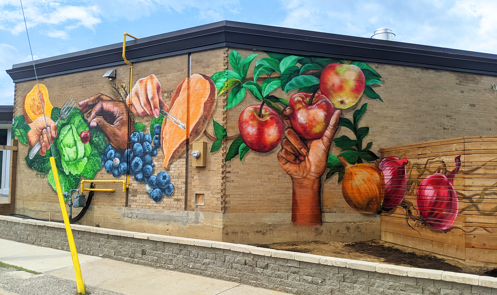 Horizontal photo that showcase a colourful mural by Meaghan Kehoe, it has hands holding various fruits and vegetables (ex. apples). It is painted on a corner of a brick building with a part of the blue sky and sidewalk showing.
