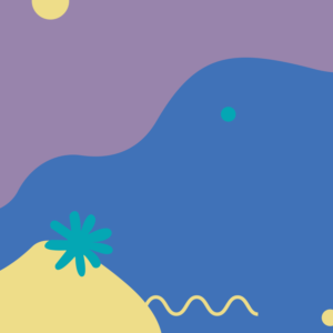 A square graphic with fun purple, blue, yellow and teal graphics such as squiggles, blobs and flowers