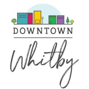 Downtown Whitby BIA Logo with colour streetscape and hand lettering design