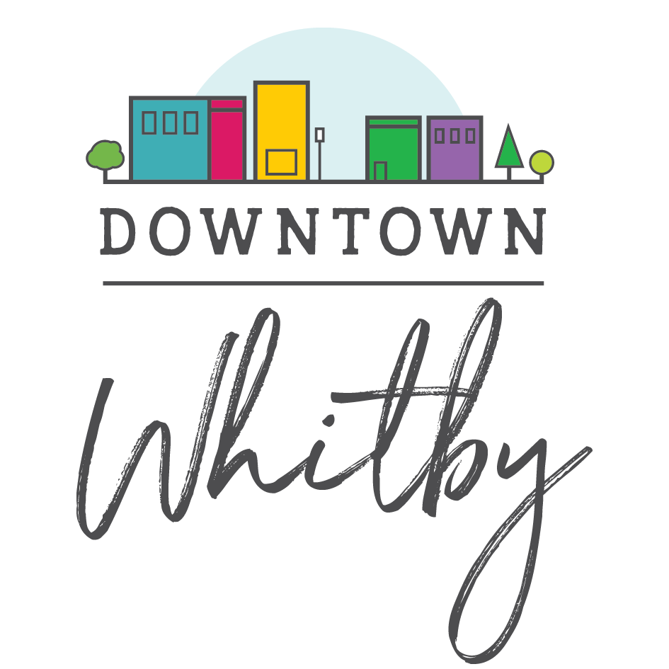 Downtown Whitby BIA Logo with colour streetscape and hand lettering design