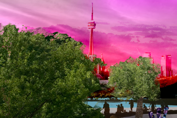 An artwork that features imagery of a landscape. The background has the sky in bright shades of pink and purple and the city skyline while the foreground has images of people and trees. 