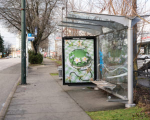 Svava Tergesen’s bus shelter artwork called Princess Cake featuring a green cake on green plaid tablecloth with a stem of flowers swirling on top and around the cake.