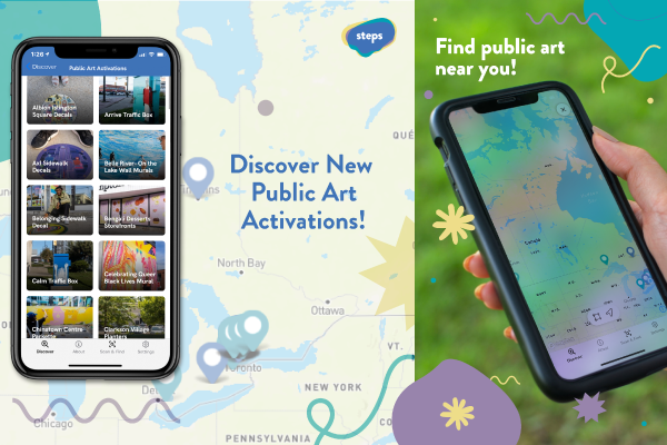 A rectangular graphic that features different views of cellphones and swirling patterns in blue, teal and yellow. The cellphone on the left is set against a map background and has images of different public art projects on the screen. The cellphone on the right has a map on the screen. The graphic has the text “Discover New Public Art Activations! Find public art near you!”