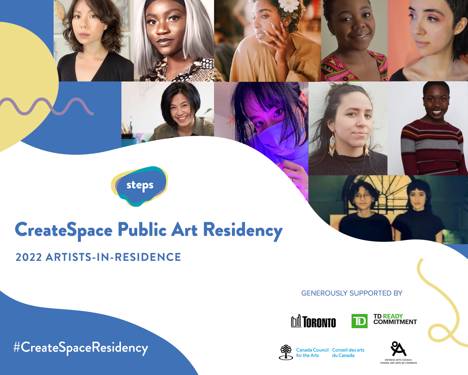 Graphic design tile that reads "CreateSpace Public Art Residency 2022 Artists-in-residence" with Blue and yellow design and artists' headshots