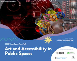 Graphic design tile that reads "Art and Accessibility in Public Spaces" with purple and blue design