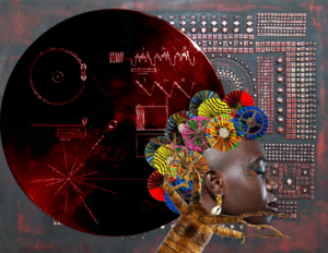 Artwork by Queen Kukoyi with abstract collage elements and a Black woman wearing a collage of colourful circles as an accessory. There are colours of red, blue, yellow and brown.