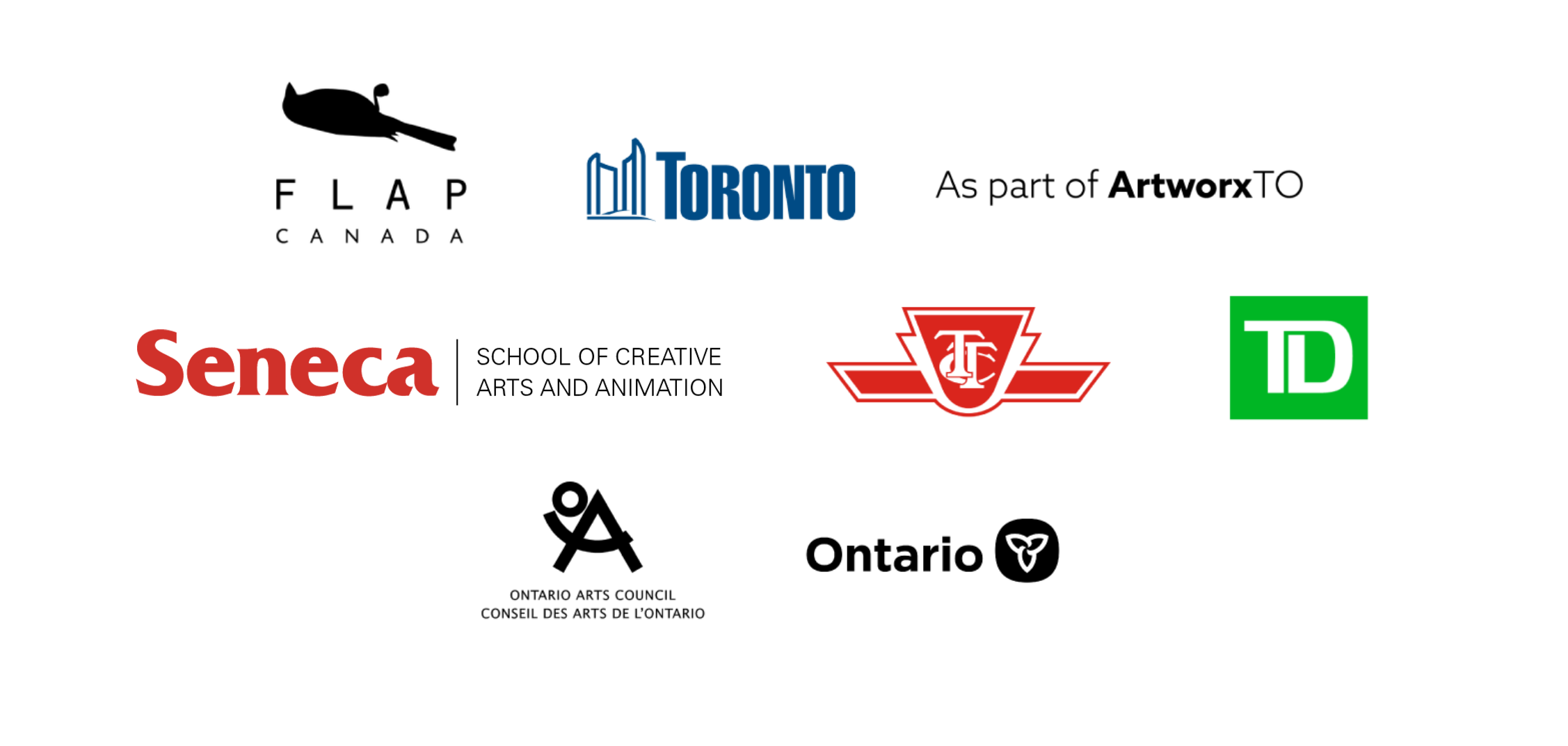 Funder logos for FLAP Canada, City of Toronto, ArtworxTO, TTC, TD Bank, Ontario Arts Council, Government of Ontario