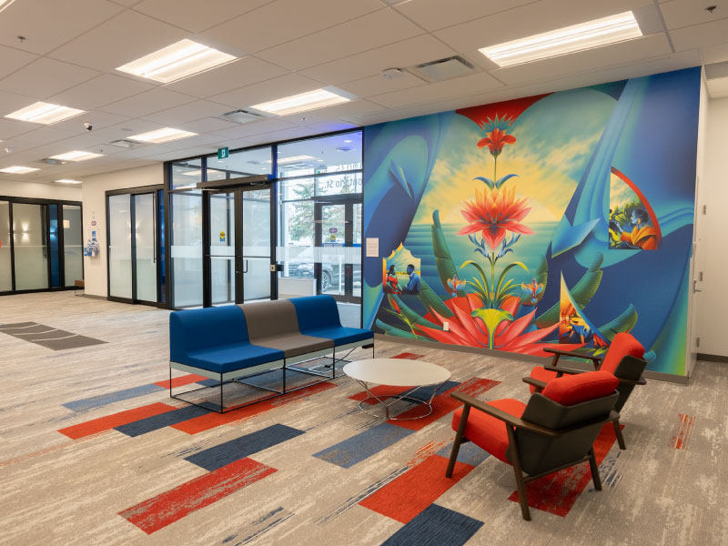 An indoor mural at a BMO branch in Brampton, Ontario by artist Jason Zante as part of the BMO National Mural Series by STEPS Public Art