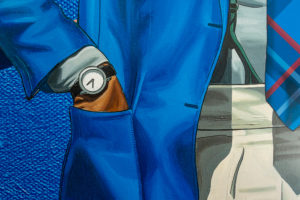 Close-up photograph of the interior mural which zooms in on the details on the suit, the tie and watch worn on the right hand.