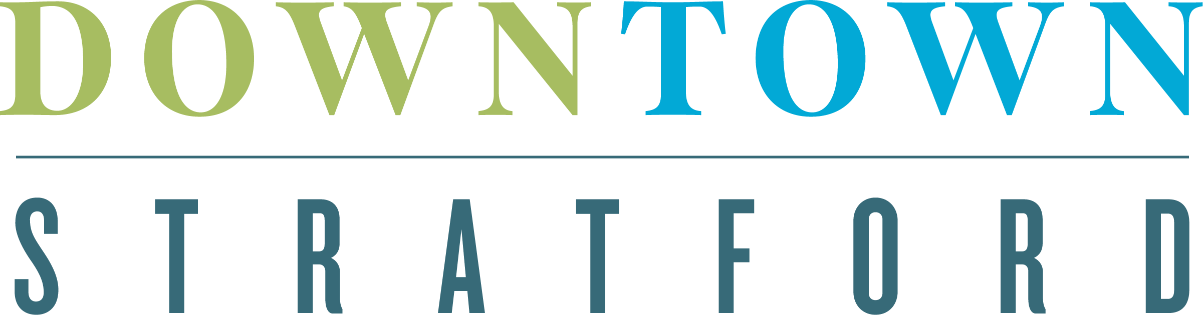 Downtown Stratford logo in blue and green colours.
