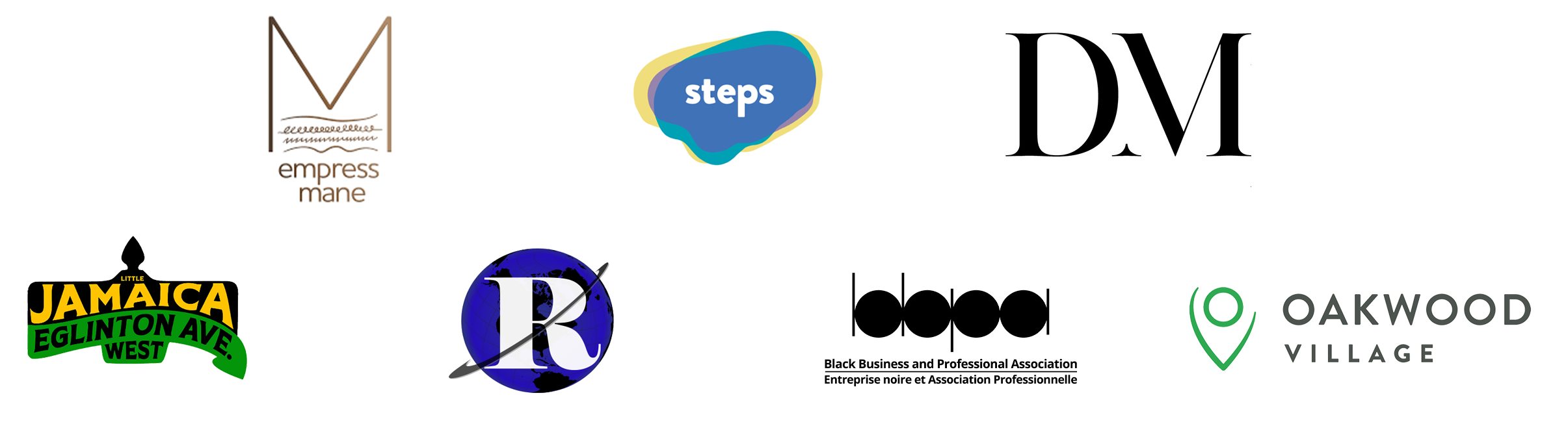 Logo banner with logos from Empress Mane, STEPS, D'Andra Montaque, BBPA, Romans N Care, Little Jamaica, Oakwood VIllage BIA