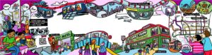 Colourful illustrated mural by Rosena Fung with landmarks of Toronto and the TTC.