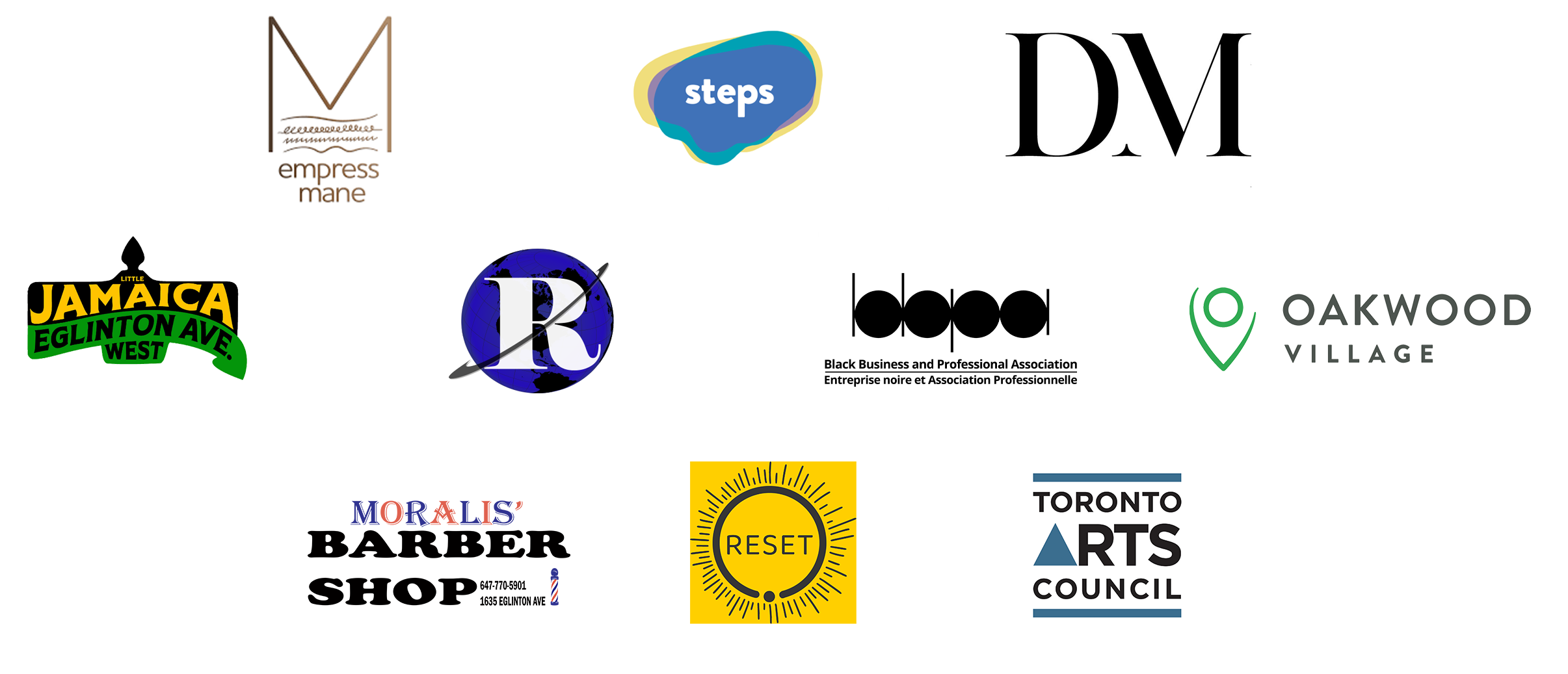 Logo banner with logos from Empress Mane, STEPS, D'Andra Montaque, BBPA, Romans N Care, Little Jamaica, Oakwood VIllage BIA