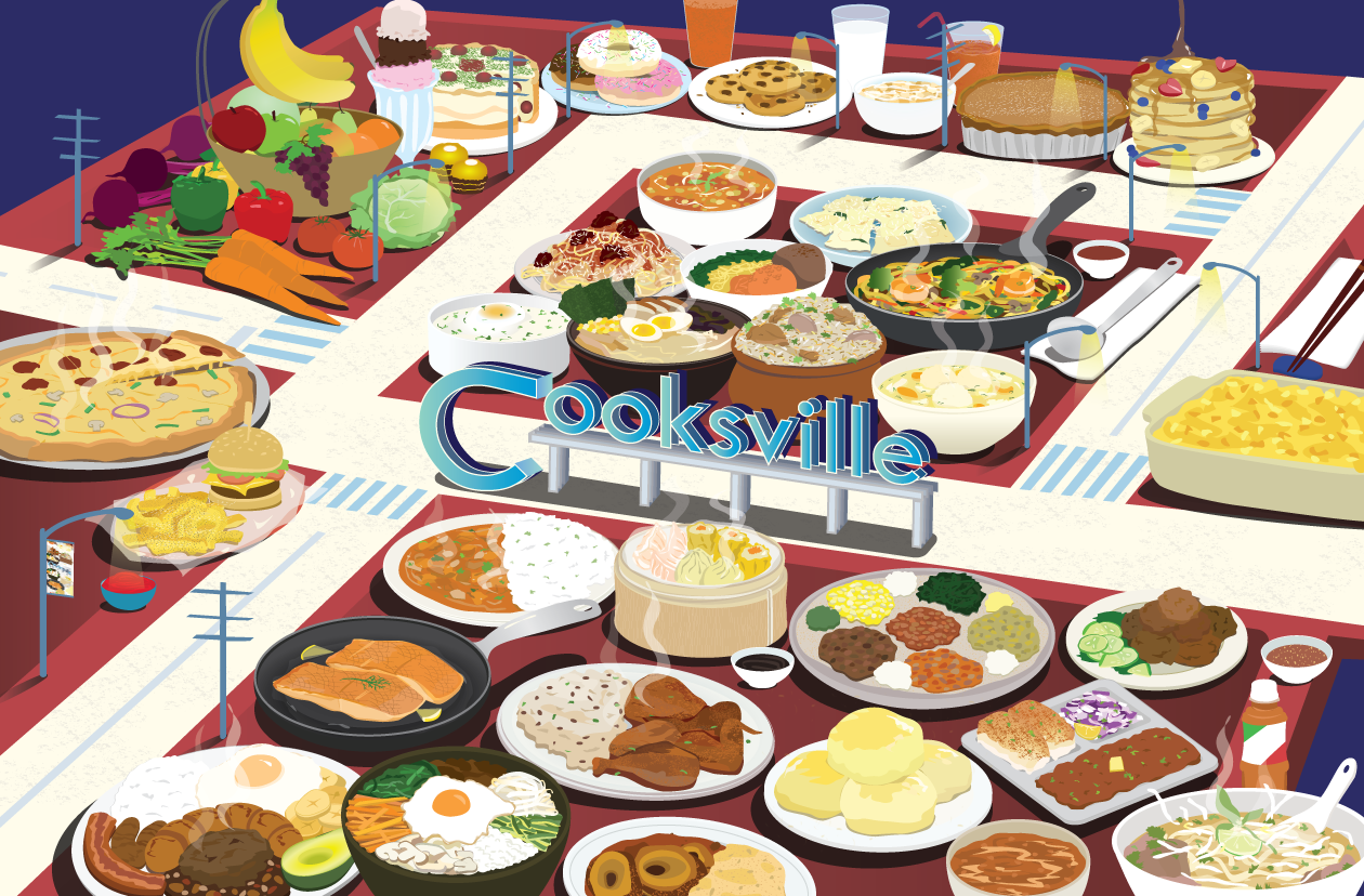 Ashley Mozo's digital illustrations of different foods from various cultural cuisines with the words Cooksville in the middle.