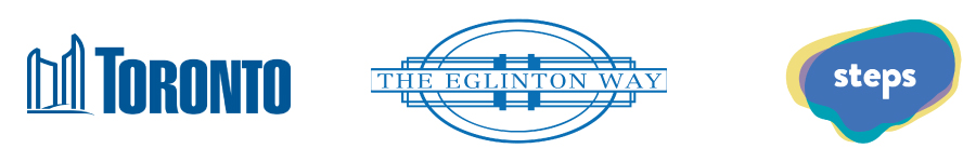 The logos for the City of Toronto, The Eglinton Way BIA, and STEPS Public Art