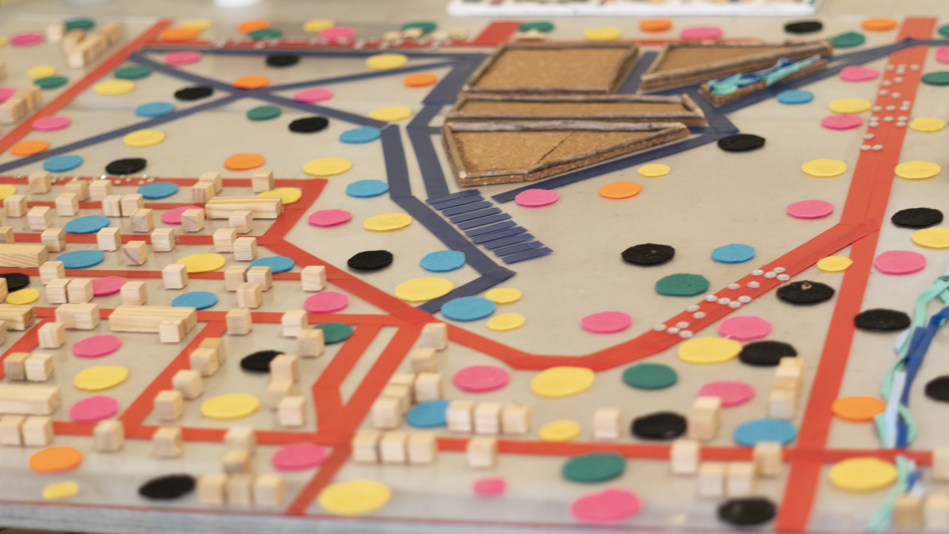 A close-up of a tactile map of Toronto's Bloor Annex by ReDefine Arts as part of STEPS Public Art's Accessible Art and Placemaking project