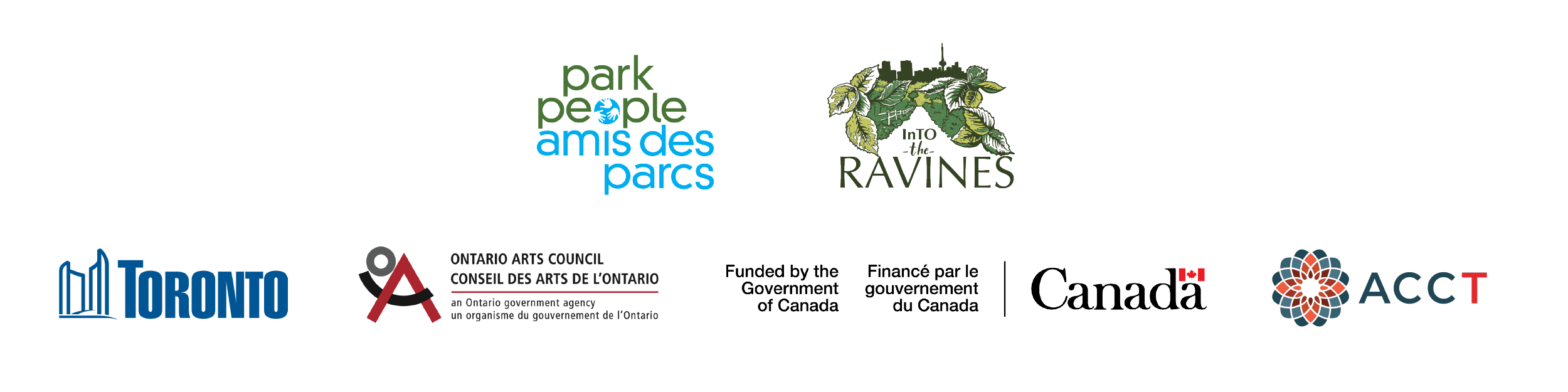 Logos for Park People, InTO the Ravines, City of Toronto, Ontario Arts Council and the Government of Canada