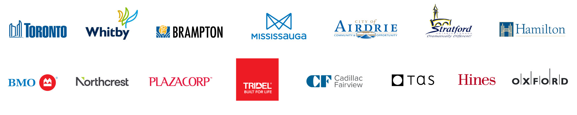 Two rows of logos (City of Toronto, Town of Whitby, City of Brampton, City of Mississauga, City of Airdrie, City of Stratford, City of Hamilton, BMO, Northcrest, Plazacorp, Tridel, Cadillac Fairview, TAS, Hines, Oxford)