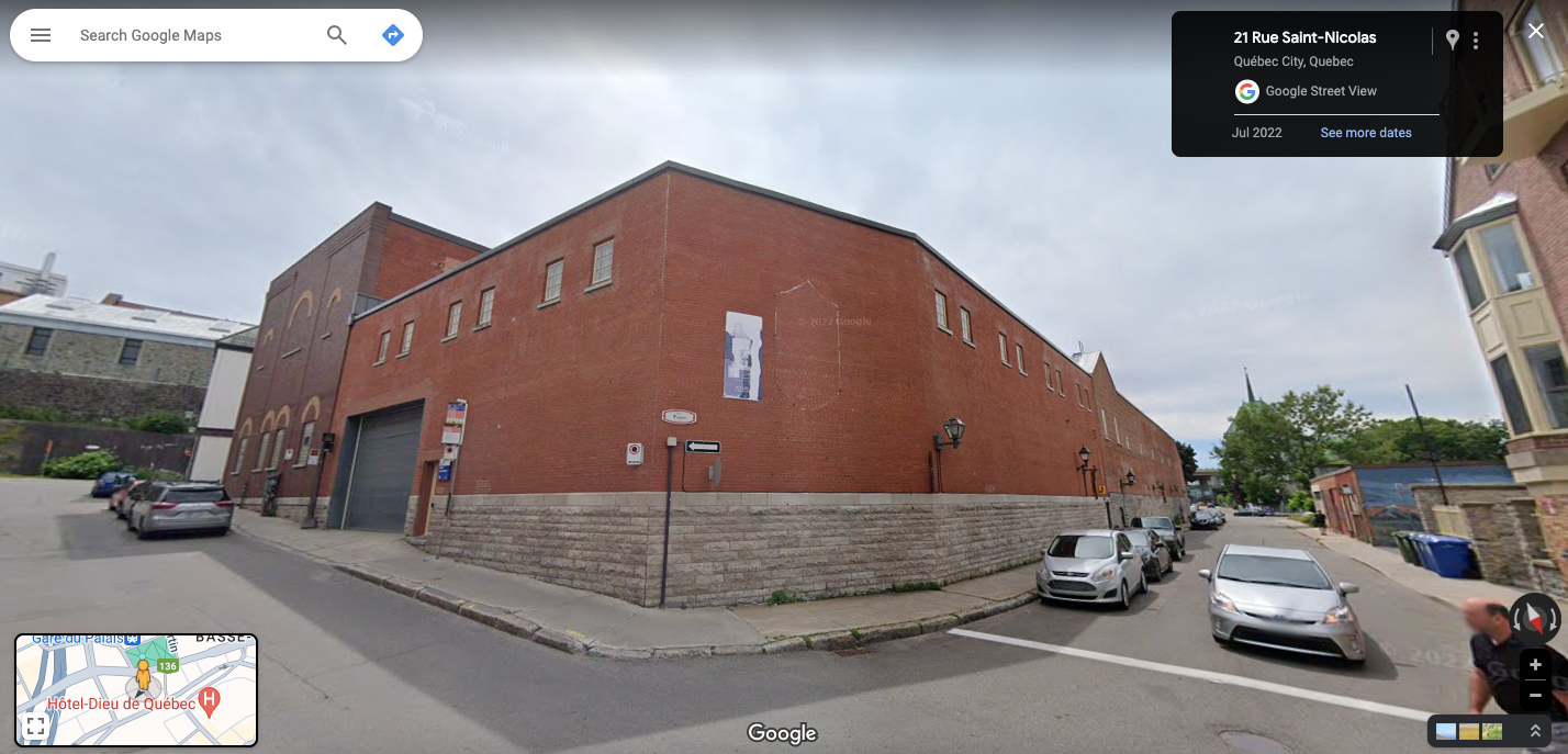 A Google Map screenshot of 21 Rue Saint-Nicolas that shows a large historical building as a mock public art site for the STEPS Public Art CreateSpace Forum