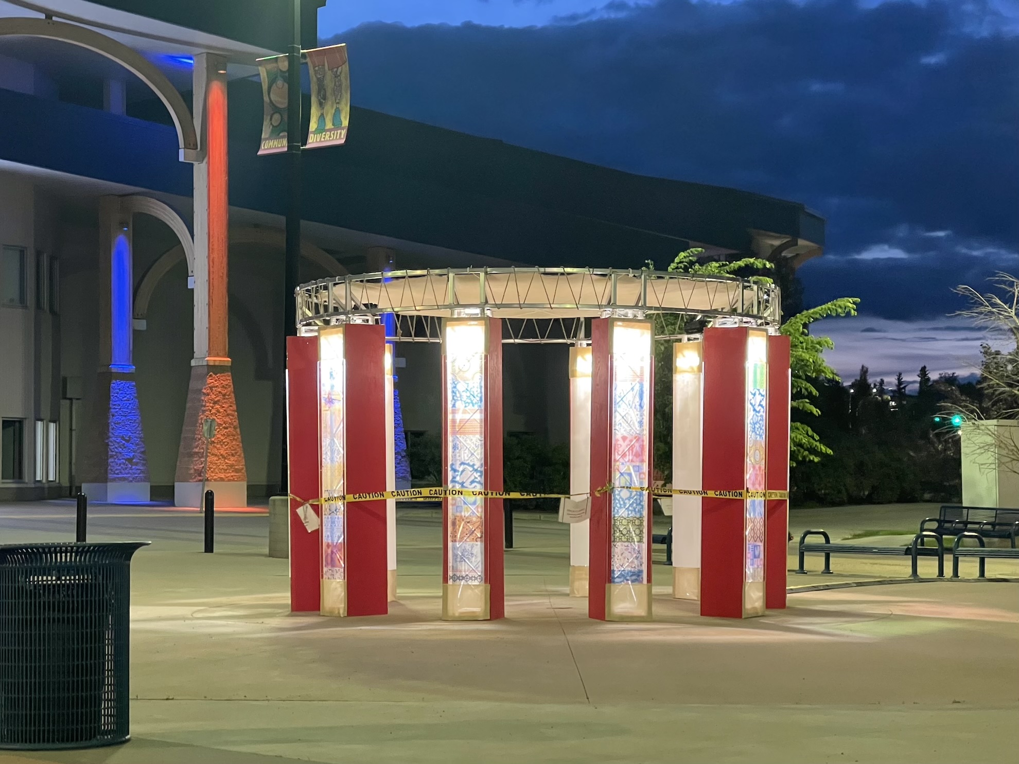 A sculptural installation by Ovvian Castrillo Hill illuminates at night in Fort St. John as part of the CreateSpace Public Art Residency by STEPS Public Art.